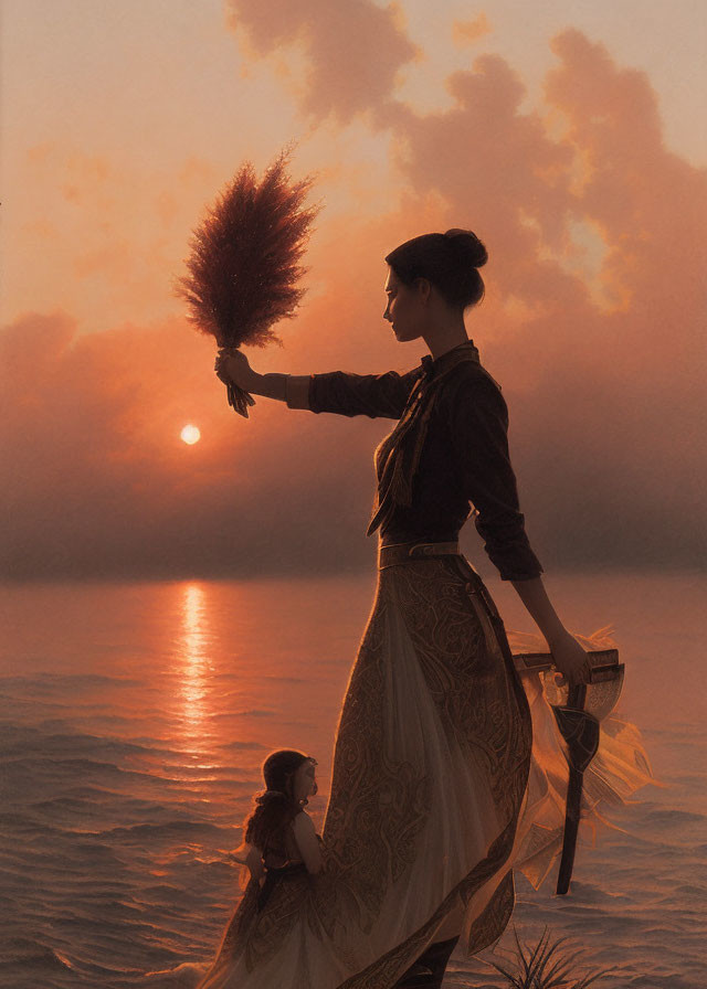 Woman in elegant attire holding feathered plume by water at sunset with child.