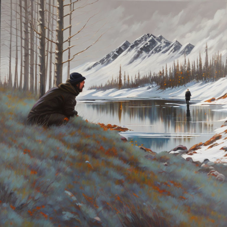 Man in jacket and beanie on colorful hillside by serene lake with fisherman, snowy mountains.