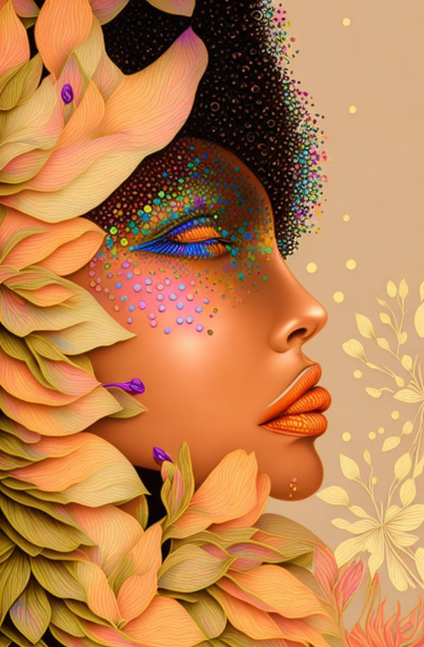 Vibrant floral digital artwork of woman's profile with dotted patterns