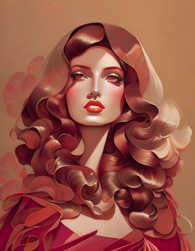 Voluminous wavy hair and red lips in warm color palette with floral background