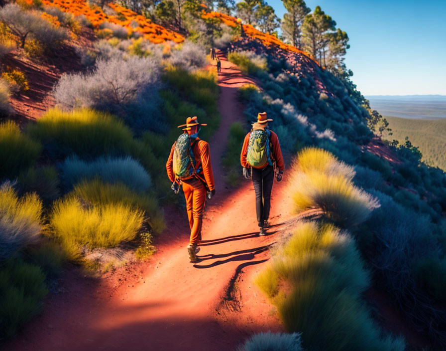 Scenic trail with red soil and vibrant shrubbery landscape