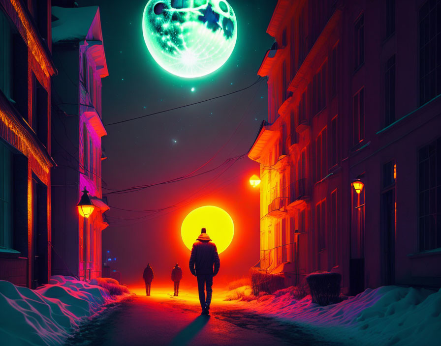 Person walking towards glowing red orb on snowy street under green moon