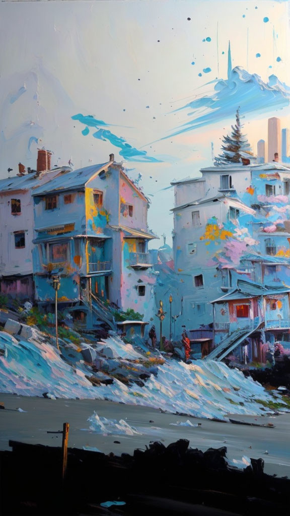 Vibrant painting of buildings, mountain, and figures walking on a path