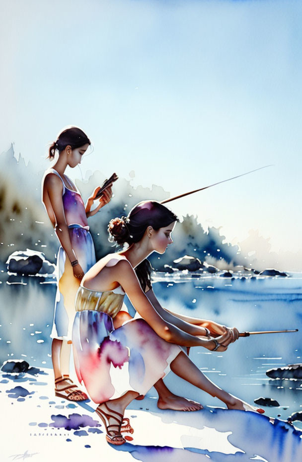 Scenic watercolor art of two women fishing by a serene lake