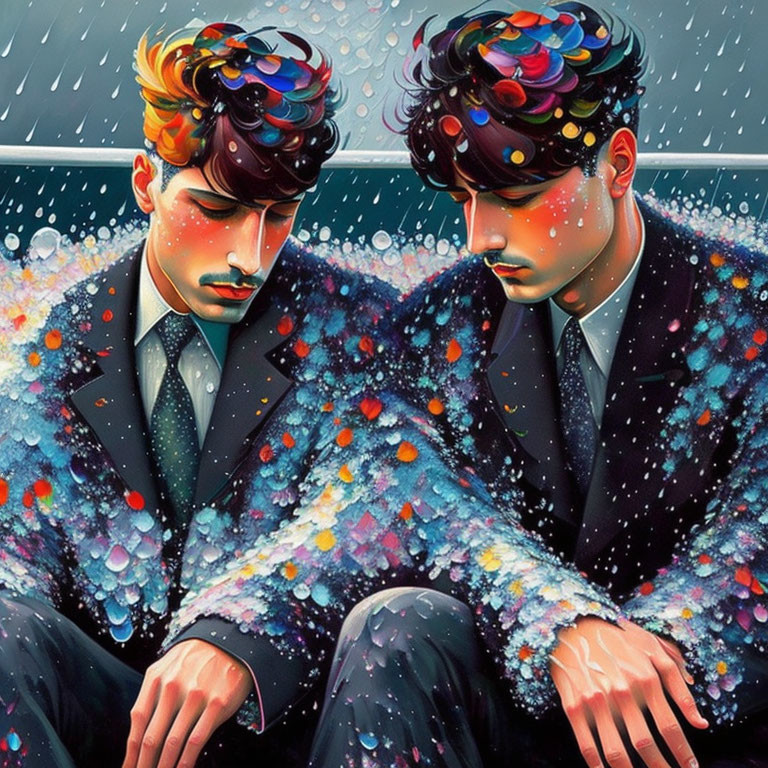 Two men with colorful, flower-like patterns in their hair under a vibrant speckled rain