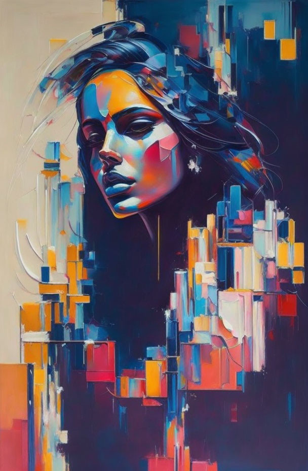 Vibrant abstract painting of woman's profile in geometric shapes