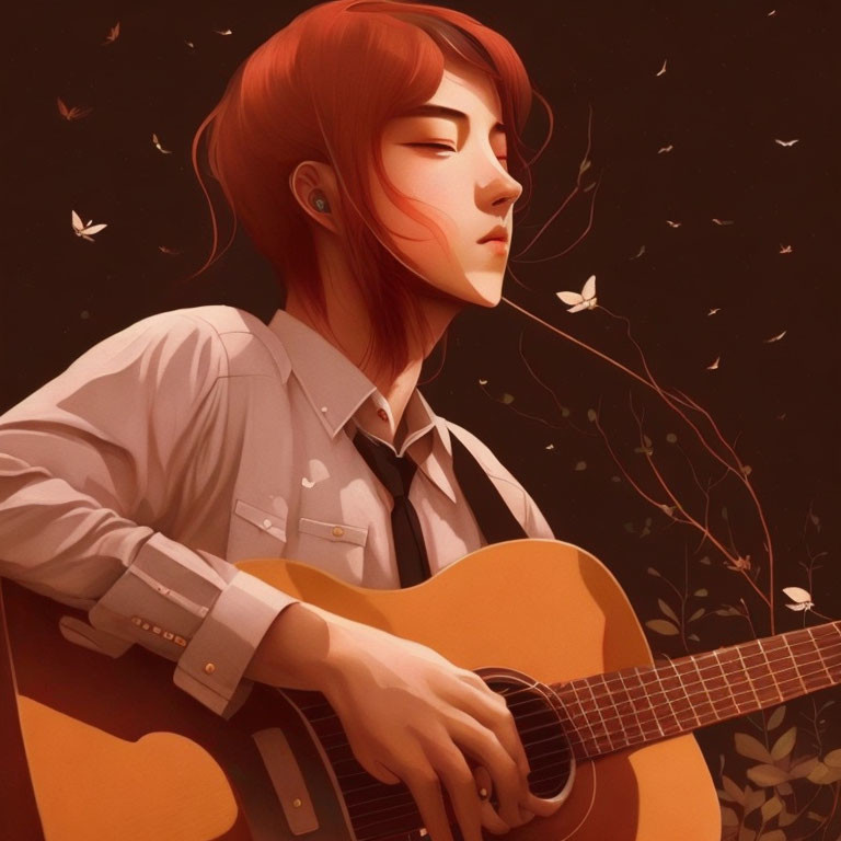 Red-haired person playing acoustic guitar in serene illustration