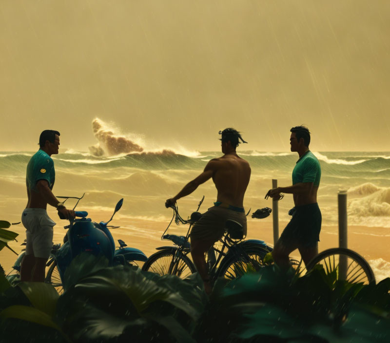 Men with bicycles observe stormy beach scene with towering waves