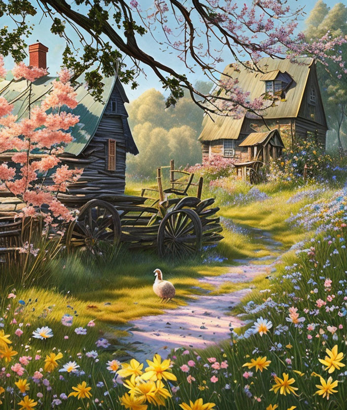 Rustic wooden cottages surrounded by blooming trees and flowers with a pathway, cart, and