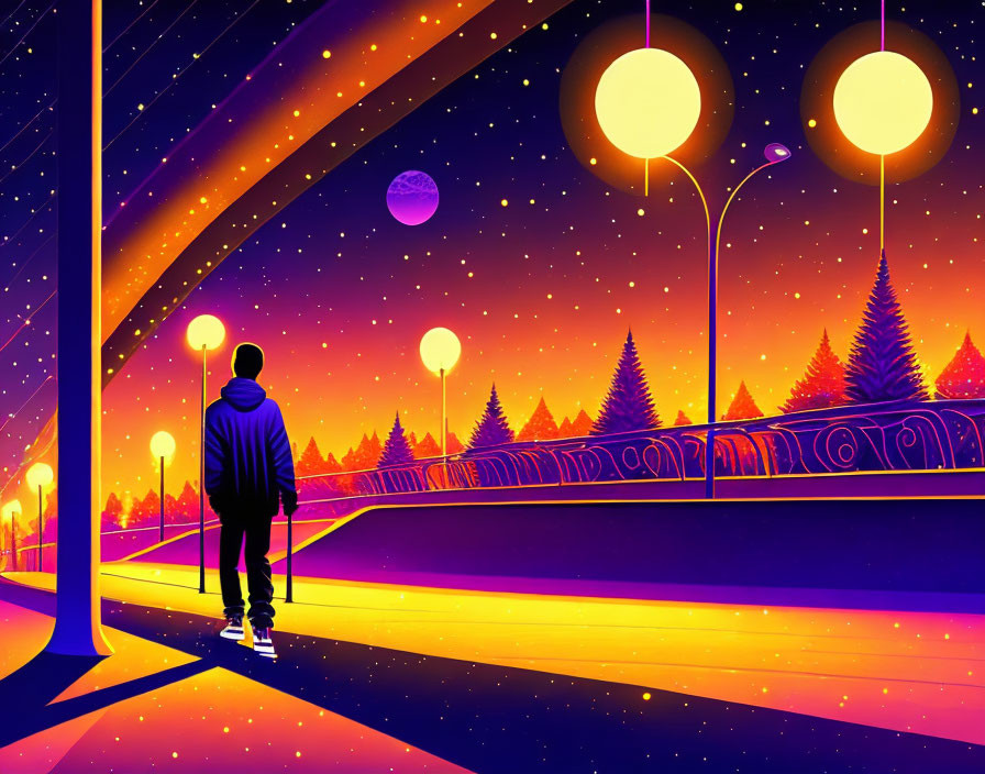 Skateboarder on Neon-Lit Night Path with Purple Planet