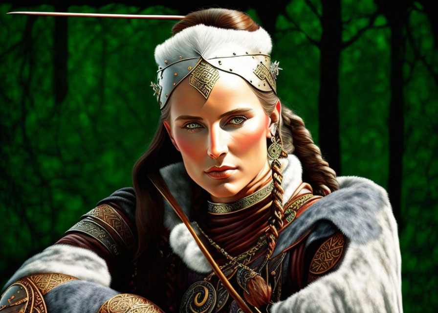 Female warrior in forest with braided hair, crown, fur cloak, ornate armor, sword.