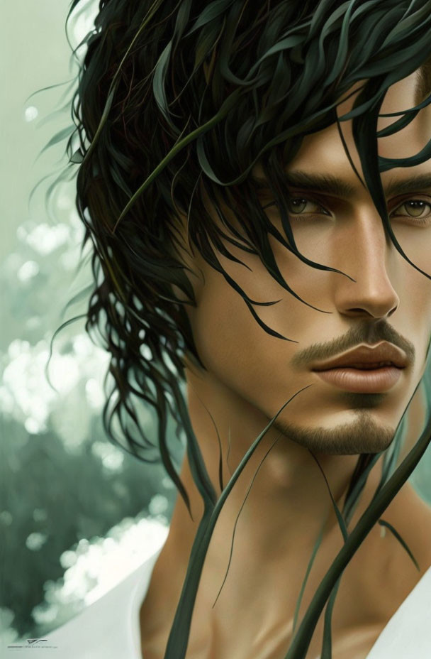 Man with Curly Dark Hair and Intense Eyes in Digital Artwork