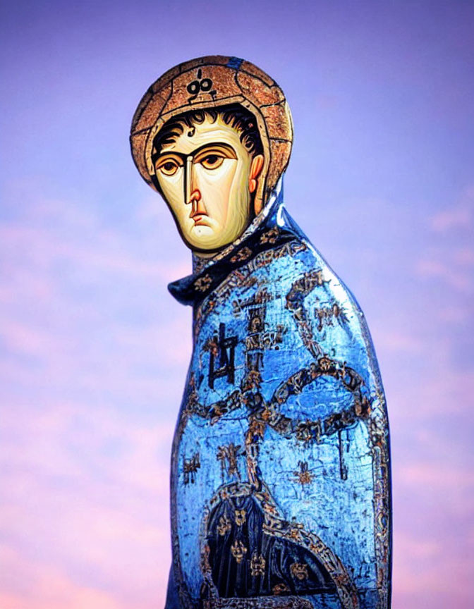 Blue and Gold Painted Bust of Serious-Faced Figure with Crown and Cloak on Purple Sky