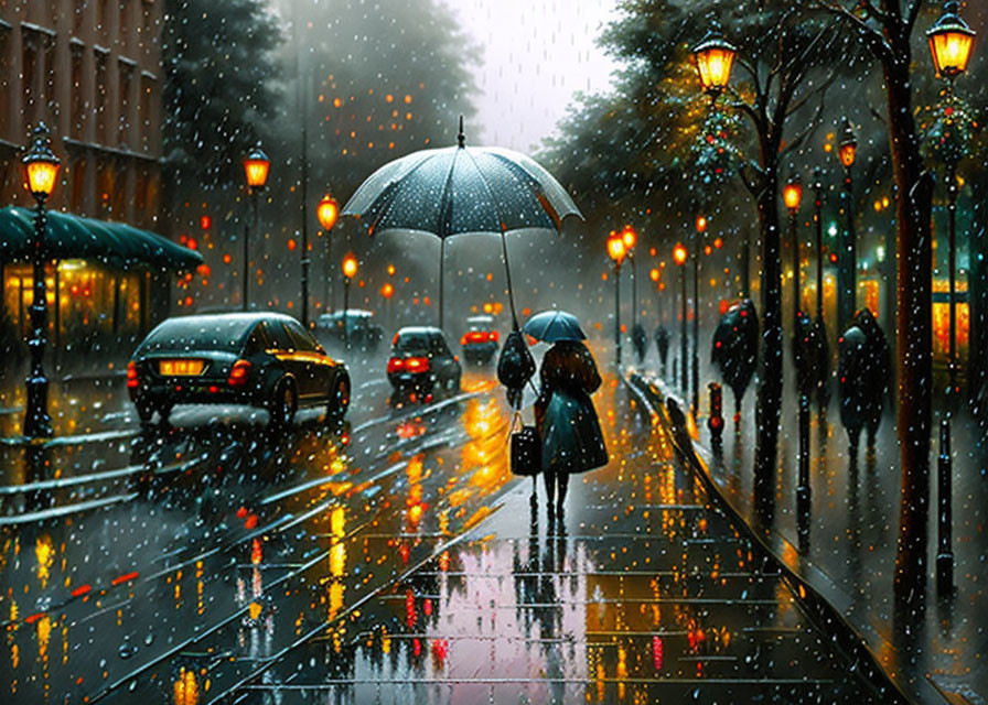 Pedestrian with umbrella on rainy city street at night