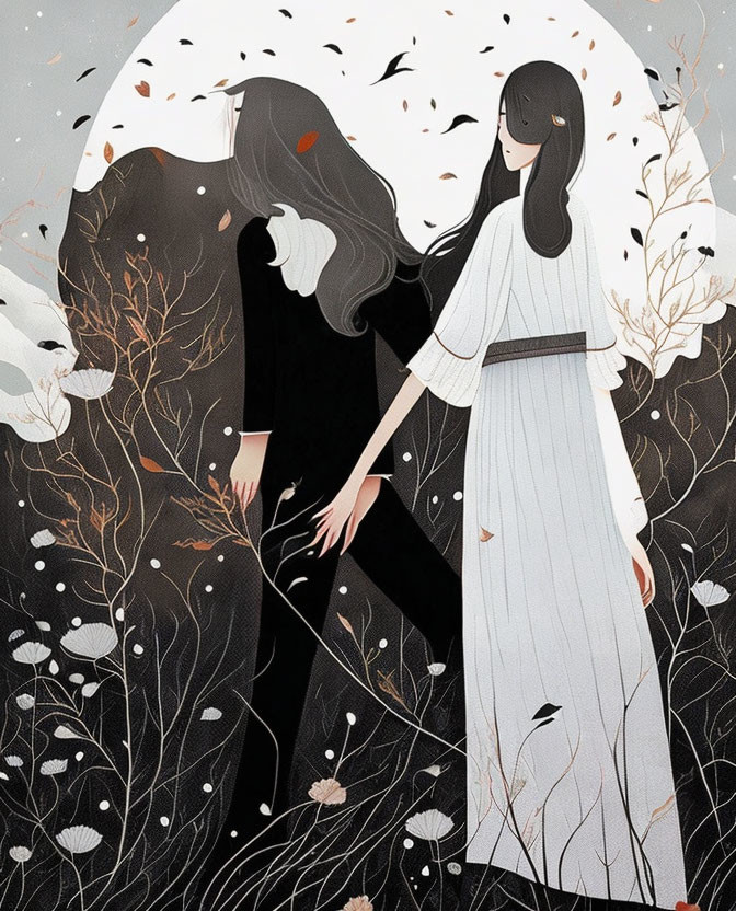 Stylized female figures in black and white with flowing hair in whimsical autumn landscape