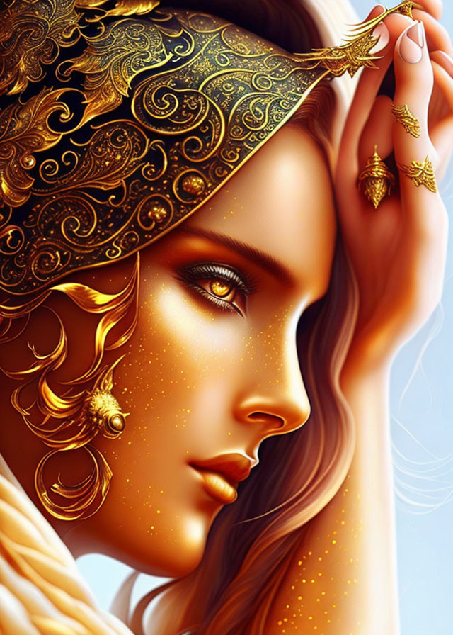 Illustrated woman with golden ornate headwear and glowing skin in detailed eye makeup