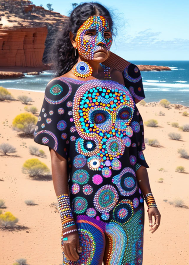 Person with colorful dot patterns on beach cliffs.