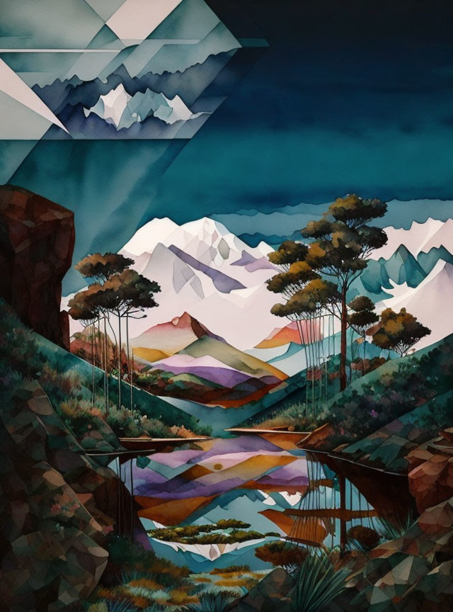 Vibrant geometric watercolor of mountain landscape