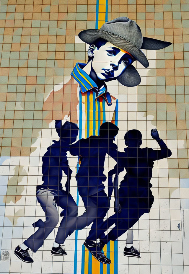 Dynamic mural featuring boy in hat with shadowed children playing on geometric background