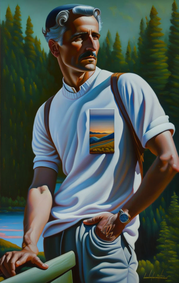 Stylized painting: silver-haired man in white shirt with landscape, forest, lake background