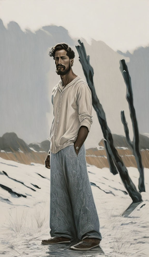 Bearded man in loose clothes standing in desolate landscape