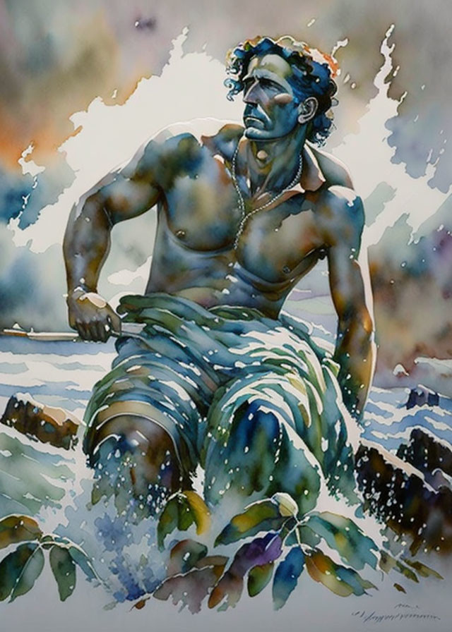 Muscular shirtless man seated on rocks with abstract watercolor splashes