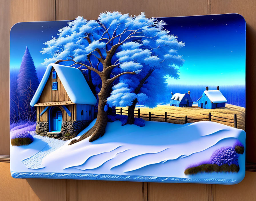 Snow-covered tree, houses, fence under starry twilight sky