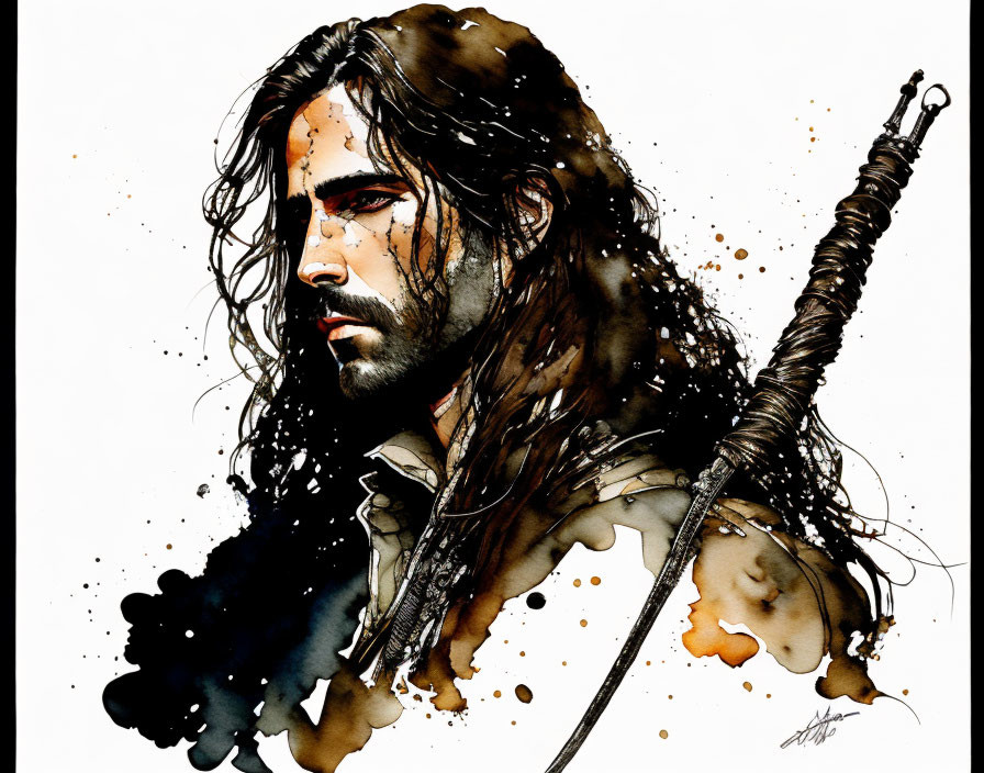 Watercolor illustration of a man with long dark hair, beard, and sword.