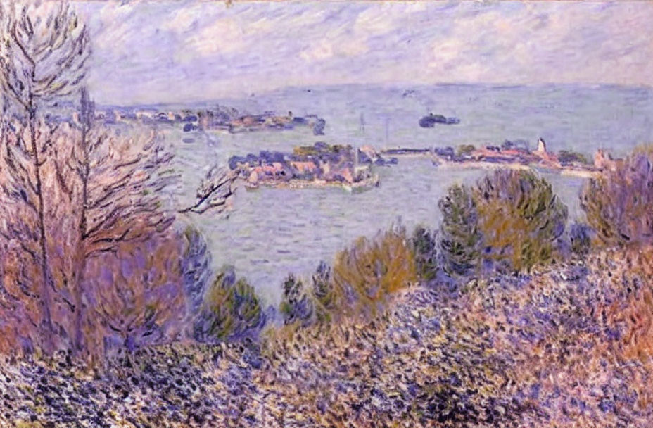 Serene Impressionist Riverscape with Trees and Pastel Sky