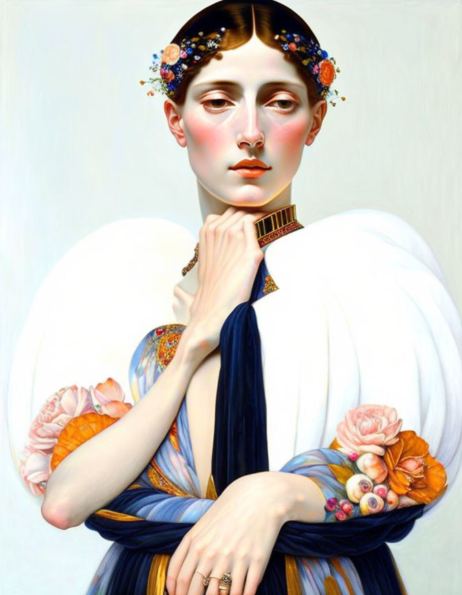 Portrait of woman with pale skin, dark hair, gold choker, white blouse, blue draped garment