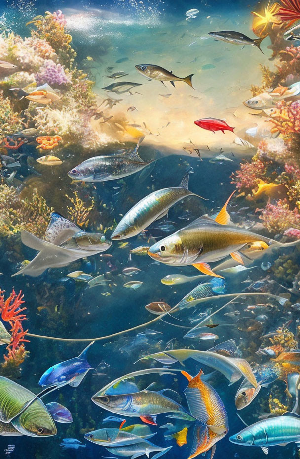 Colorful Fish and Coral Reef in Sunlit Underwater Scene