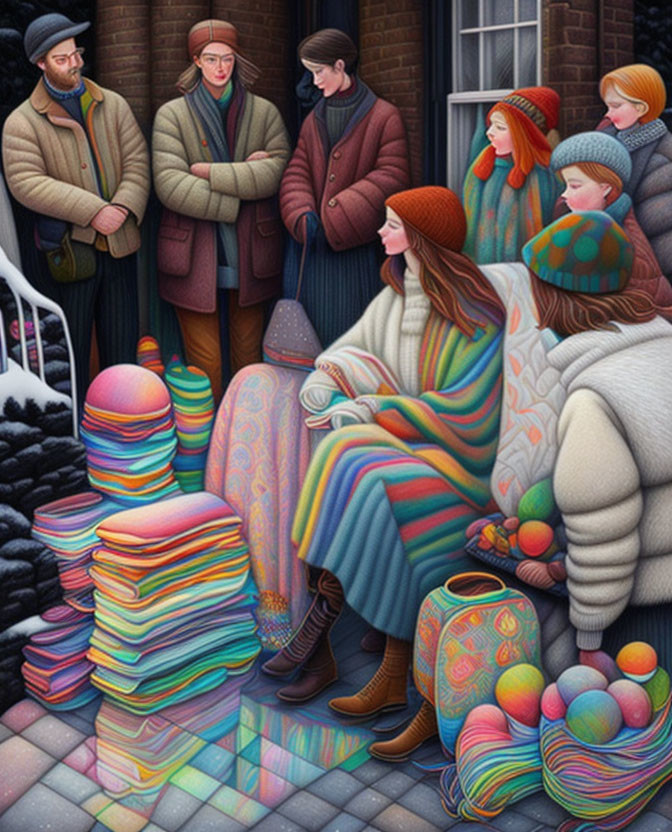 Vibrant illustration: People at bus stop with woman on colorful cushions