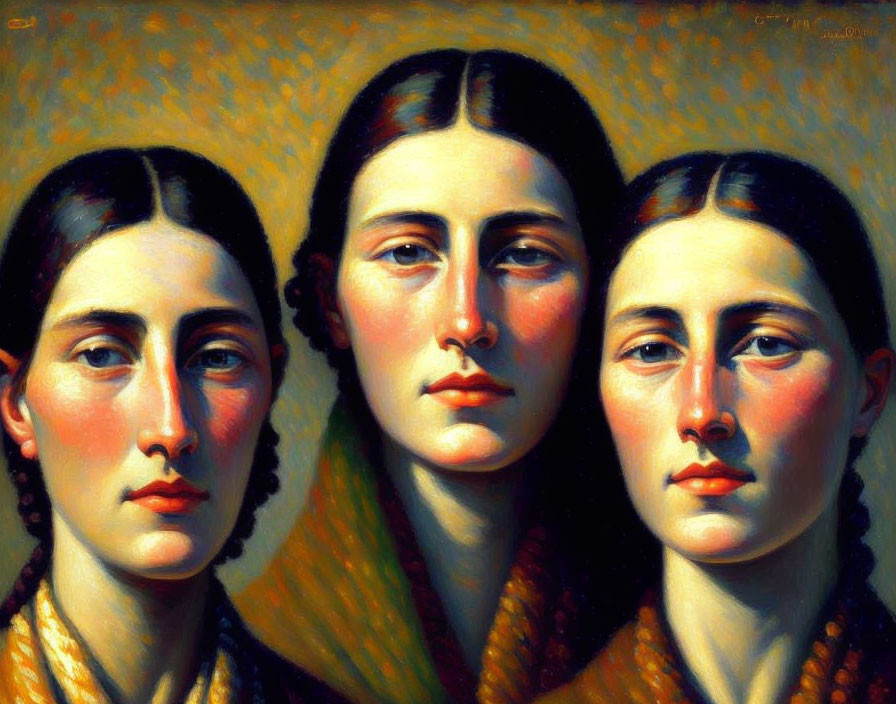 Three women with braided hair in orange glow, showcasing intricate shading and stoic expressions.