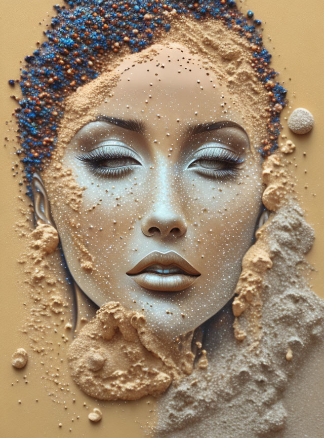 Textured portrait of woman with closed eyes and sandy complexion adorned with blue beads.