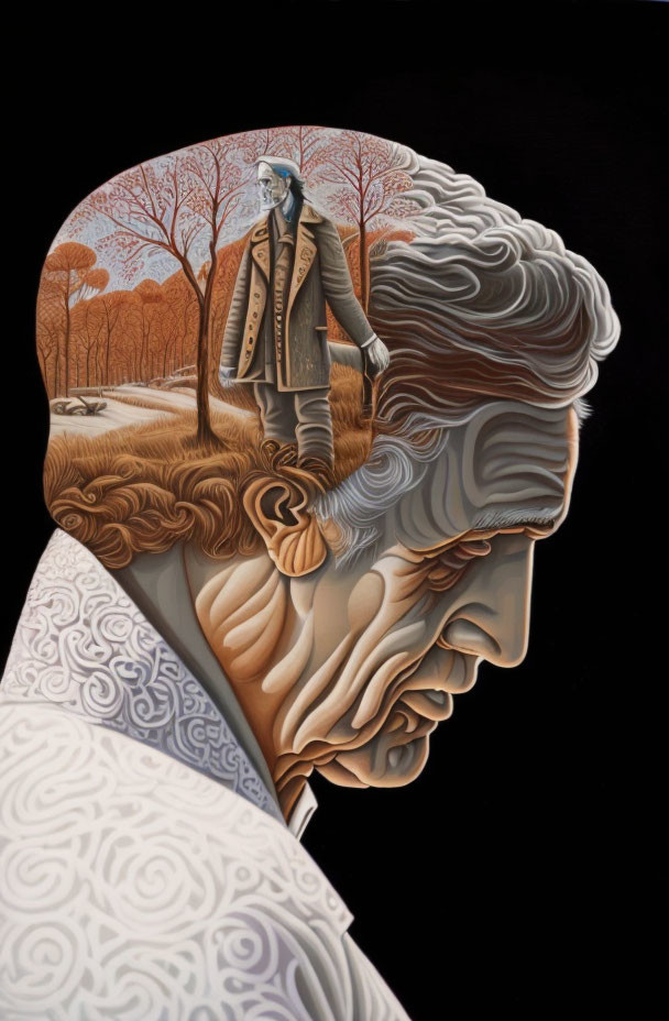 Man's profile merges with landscape in flowing lines and earthy tones