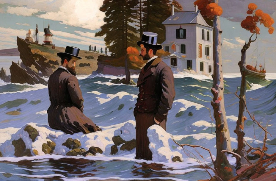 Men in top hats conversing on rocky shore with white house, lighthouse, and boat in background