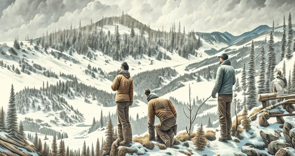 Three People in Winter Clothing Admiring Snowy Mountain Landscape