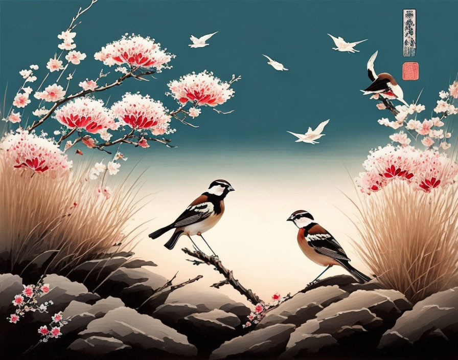 Birds on blooming branches under dusky sky with calligraphy.