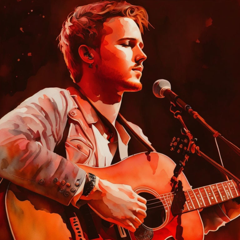 Male musician playing acoustic guitar and singing on red backdrop