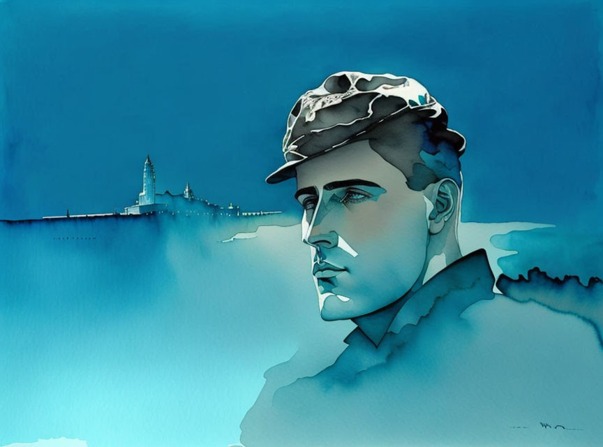 Stylized man profile with camo hat on coastal silhouette backdrop