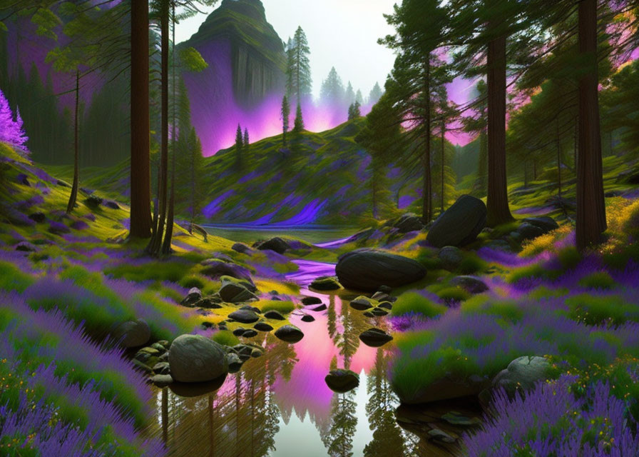 Fantasy landscape with reflective river, stepping stones, purple foliage, towering trees, and misty mountains