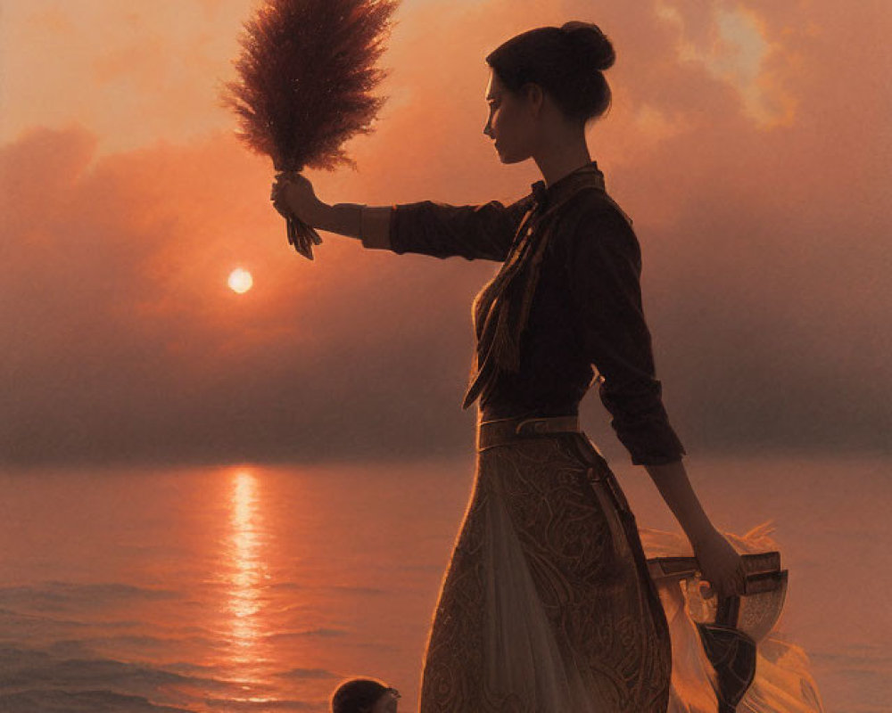 Woman in elegant attire holding feathered plume by water at sunset with child.