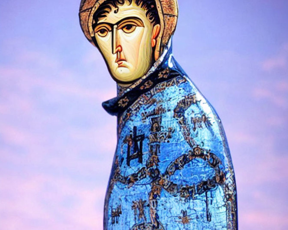 Blue and Gold Painted Bust of Serious-Faced Figure with Crown and Cloak on Purple Sky