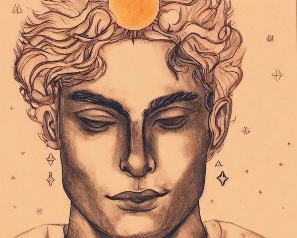 Illustration of person with closed eyes and curly hair, small sun, star symbols, peach backdrop