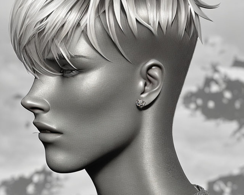 Monochromatic side profile portrait with stylish haircut, earring, and lace garment.