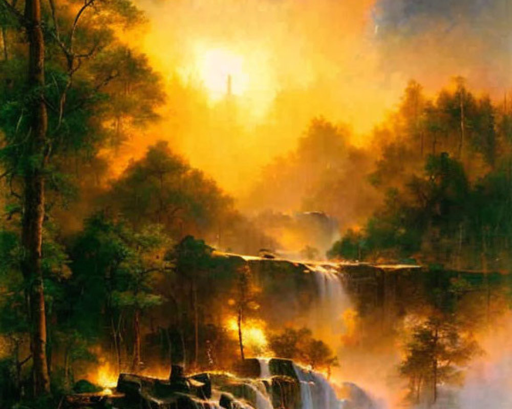 Tranquil forest waterfall scene with sunlight filtering through clouds