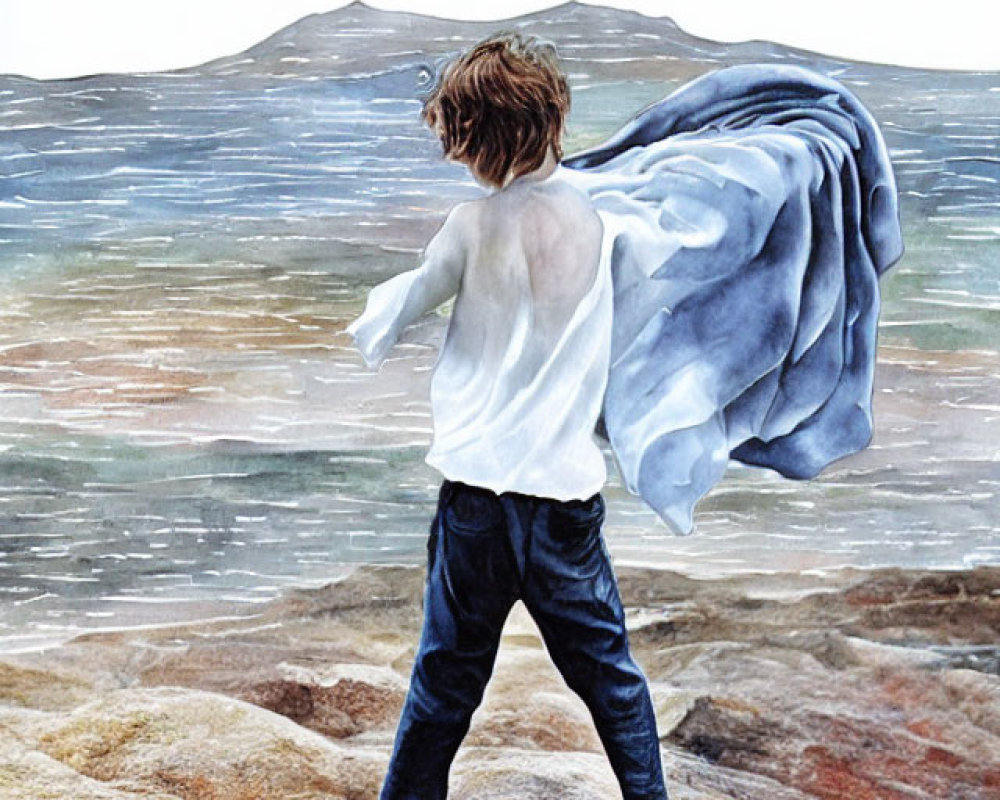 Child in Cape Stands on Rocky Shore Facing Misty Sea