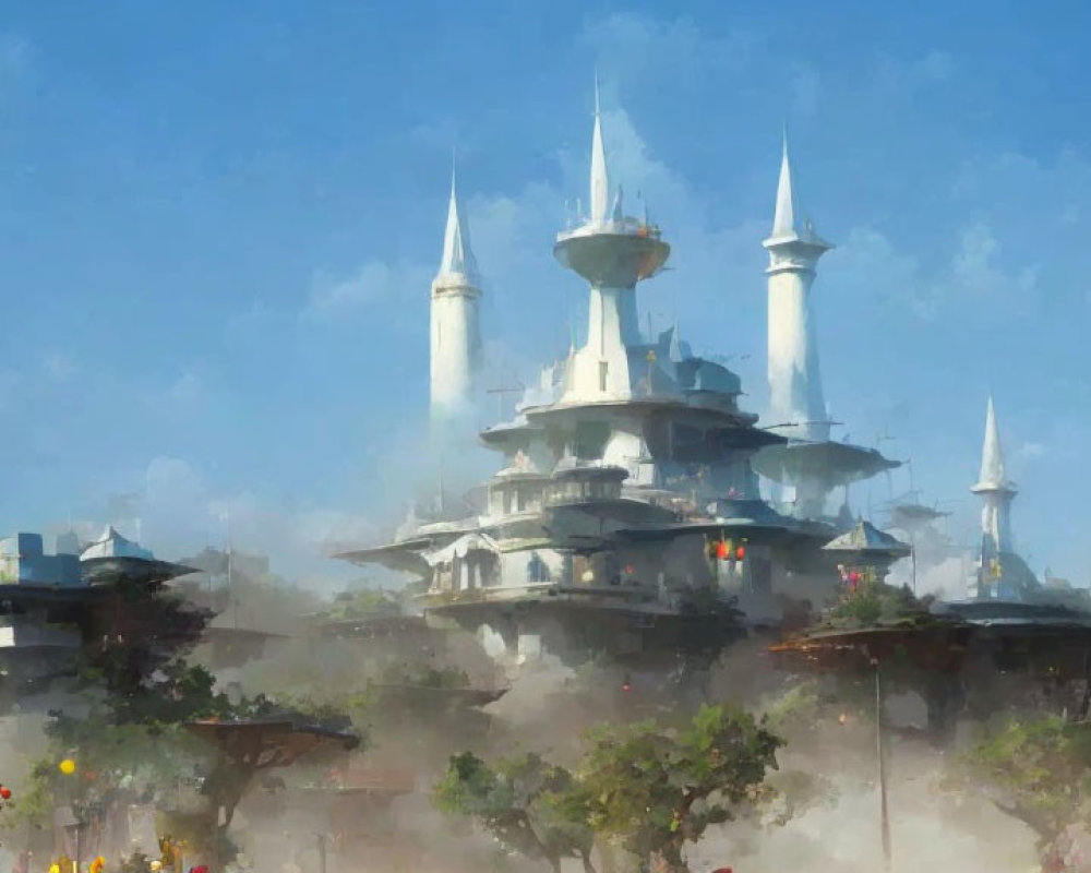 Whimsical Fantasy City with Turreted Buildings in Misty Environment