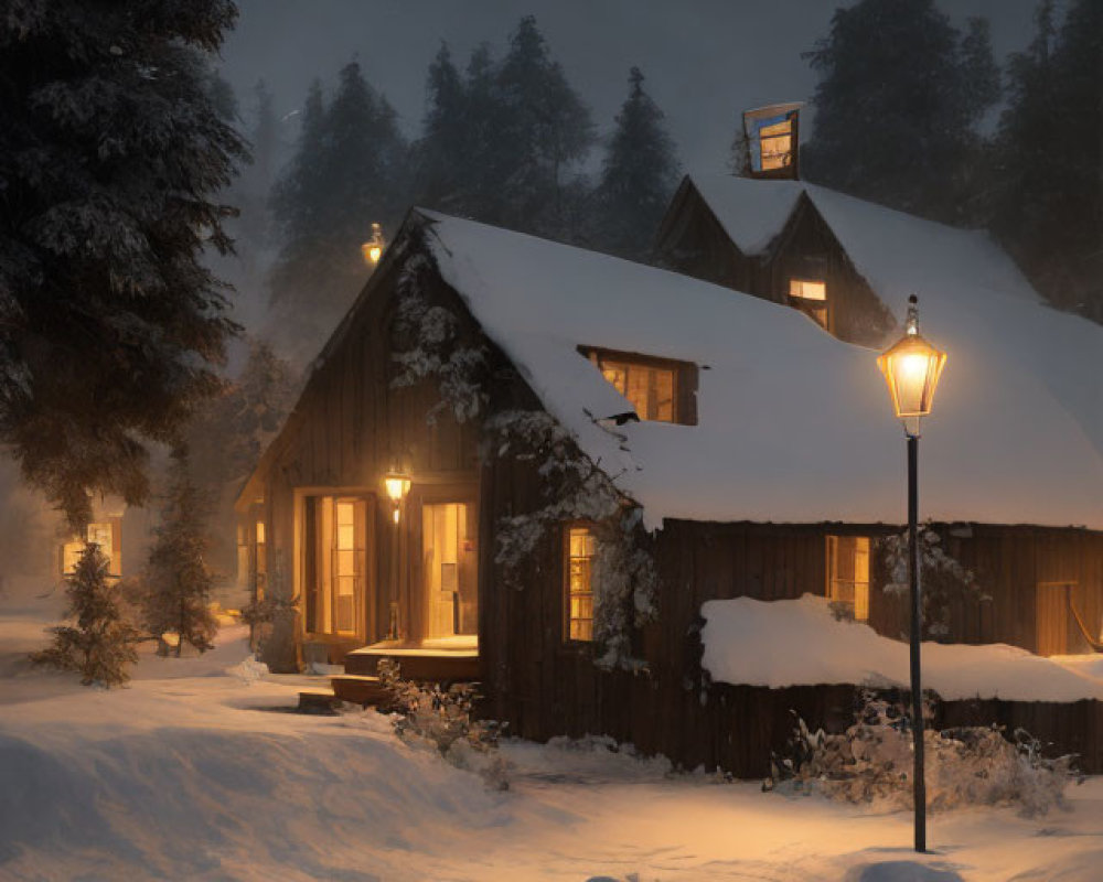 Snow-covered cabin beside glowing street lamp in serene snowfall night.