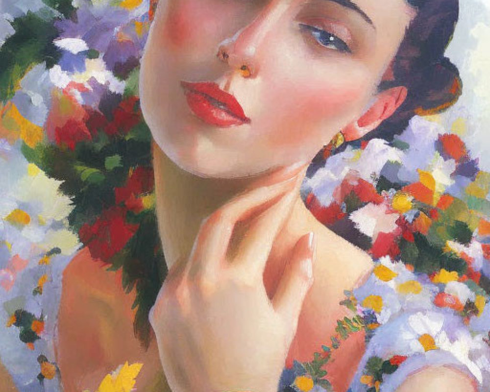 Serene woman portrait with colorful flowers and red bracelet